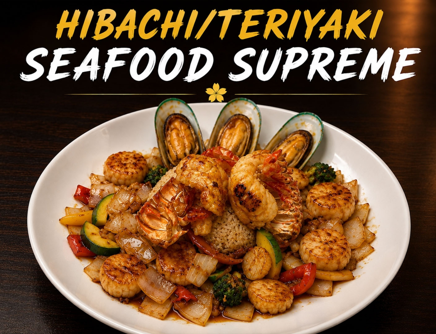 Grilled seafood combo with scallops, lobster, mussels and veggies