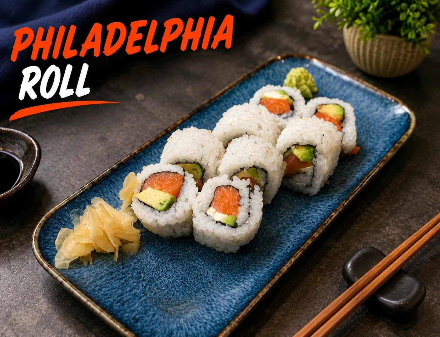 Philadelphia sushi roll filled with salmon, cream cheese and avocado.