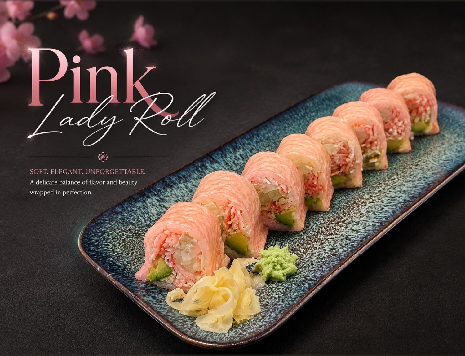 Pink Lady Roll sushi served on a blue textured plate