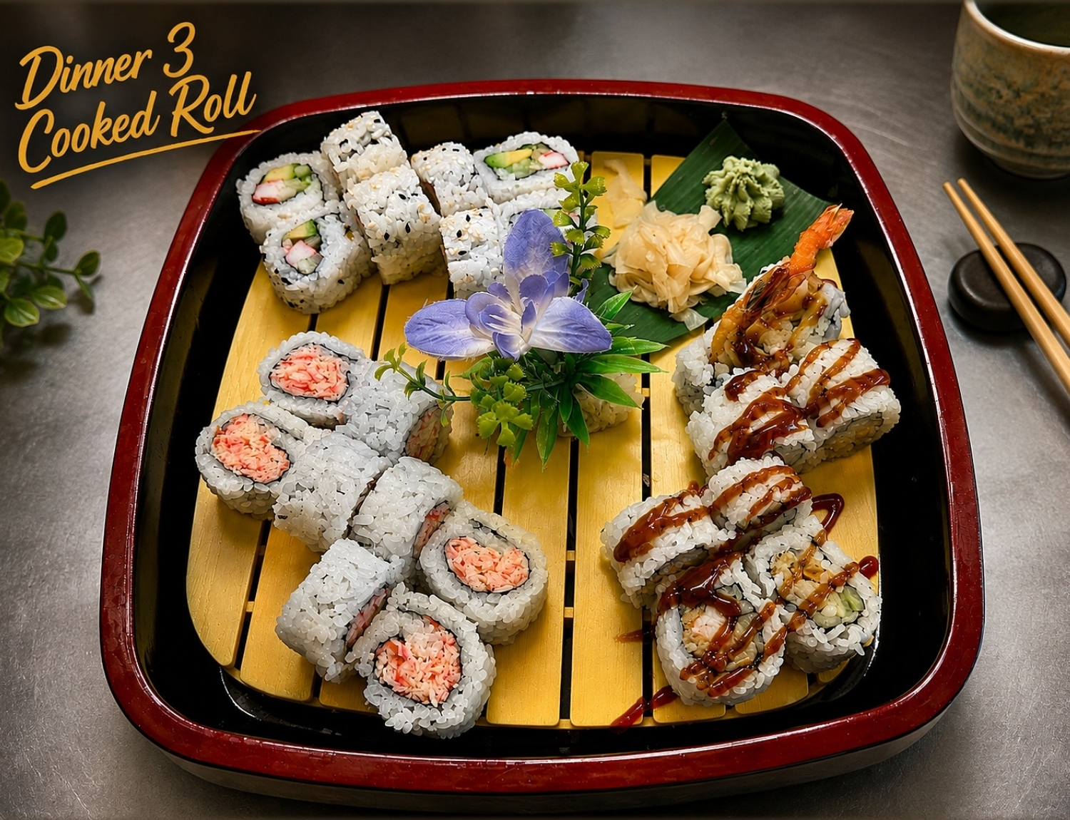 Platter of various cooked sushi rolls with garnishes