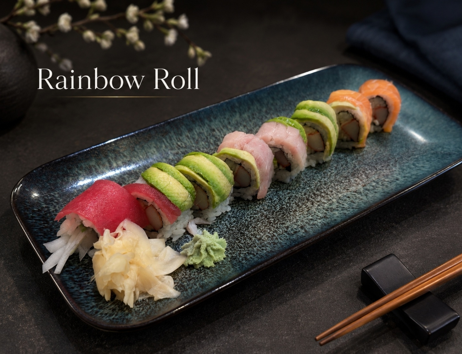 Rainbow Roll sushi topped with assorted fresh sashimi