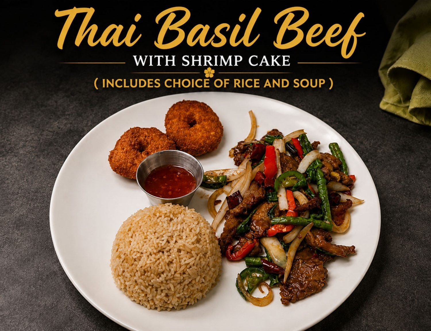 Stir-fried Thai basil beef with shrimp cake and brown rice.
