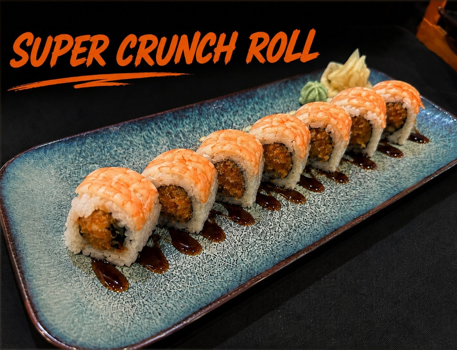 Super crunch sushi roll with cooked shrimp outside and crispy filling.