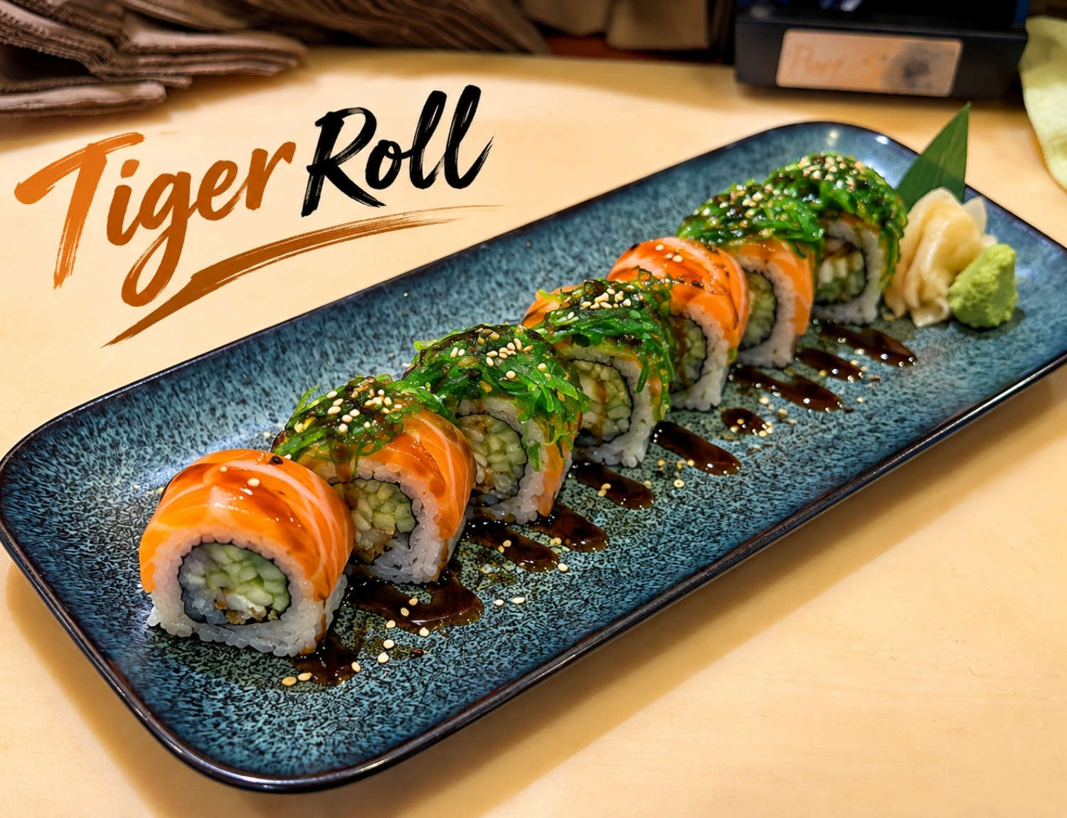Sushi tiger roll topped with fresh salmon and seaweed salad.