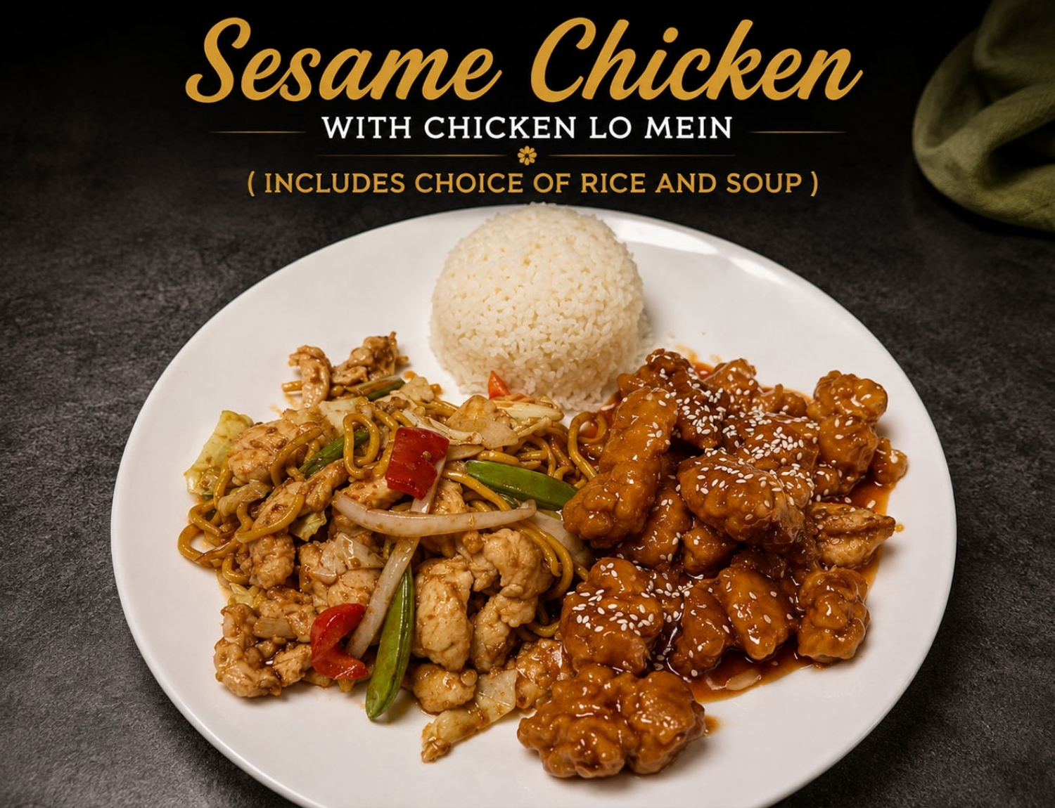 Sweet sesame chicken served with chicken lo mein and white rice.