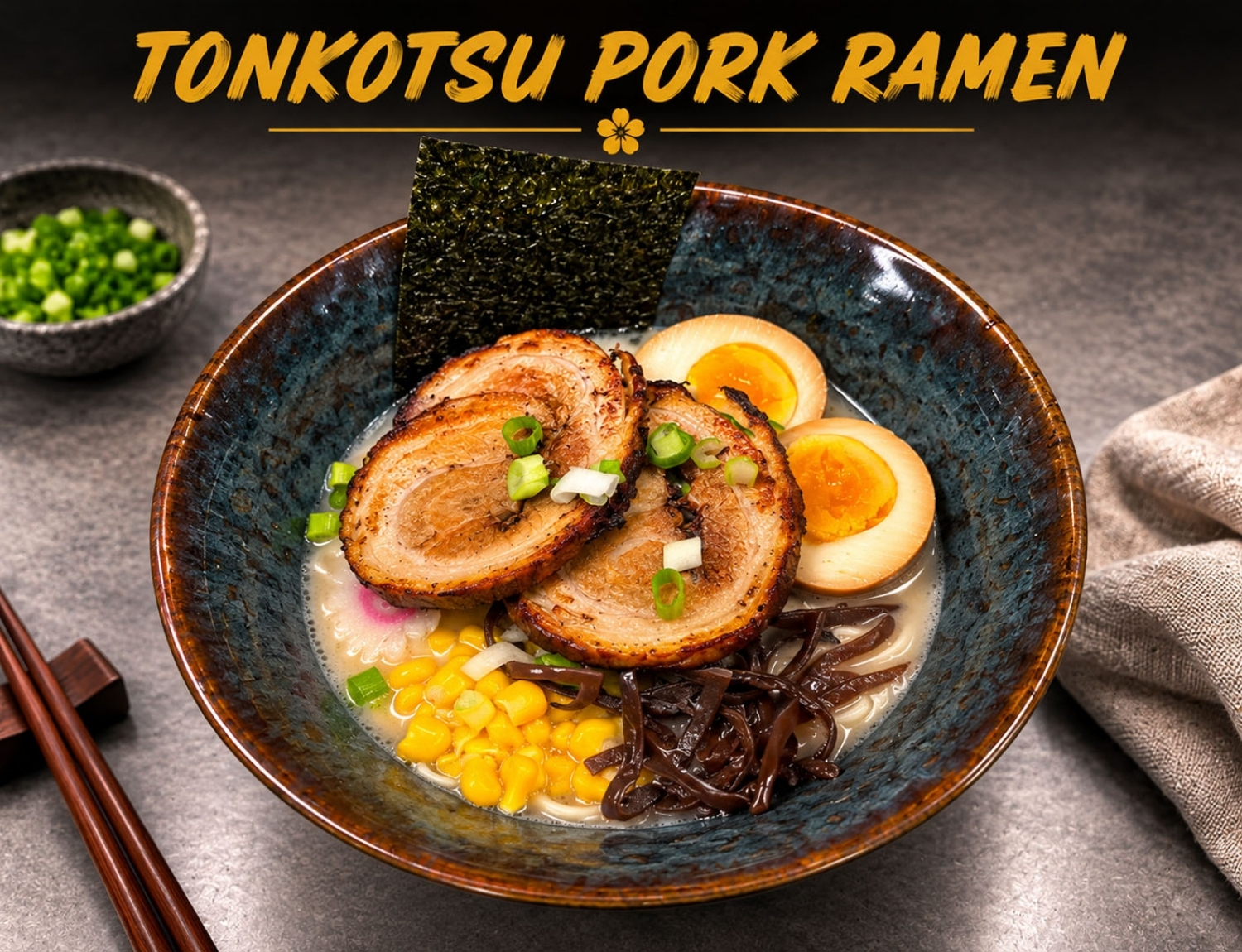 Tonkotsu pork ramen with chashu, egg and corn toppings
