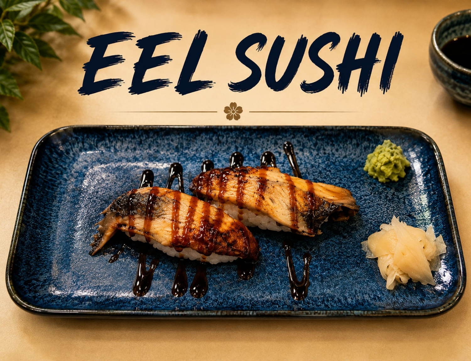 Two pieces of grilled eel nigiri drizzled with sweet unagi sauce.