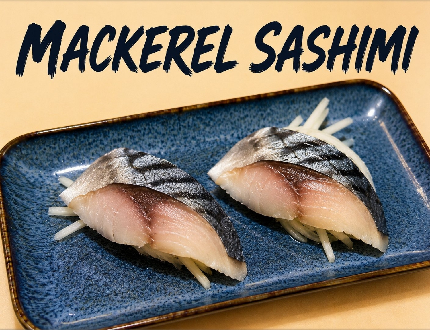 Two slices of fresh mackerel sashimi served with shredded radish.