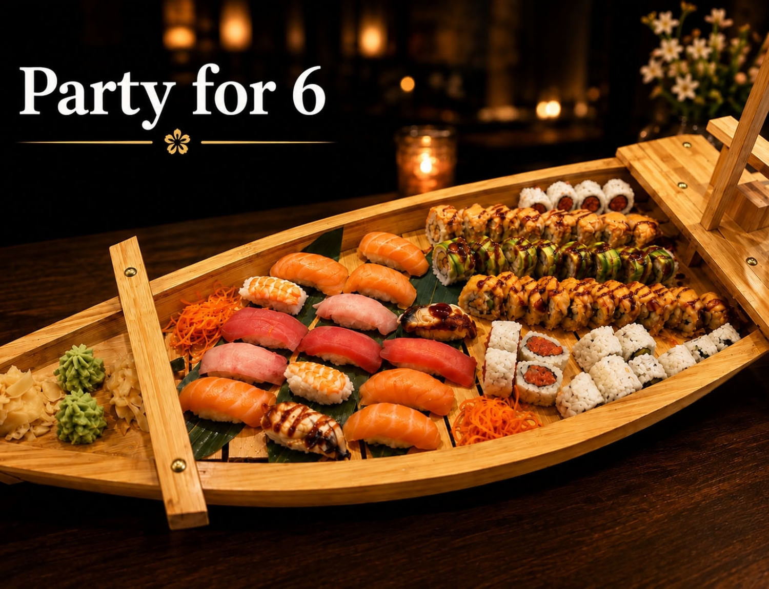 Wooden sushi boat platter for six people with assorted sushi
