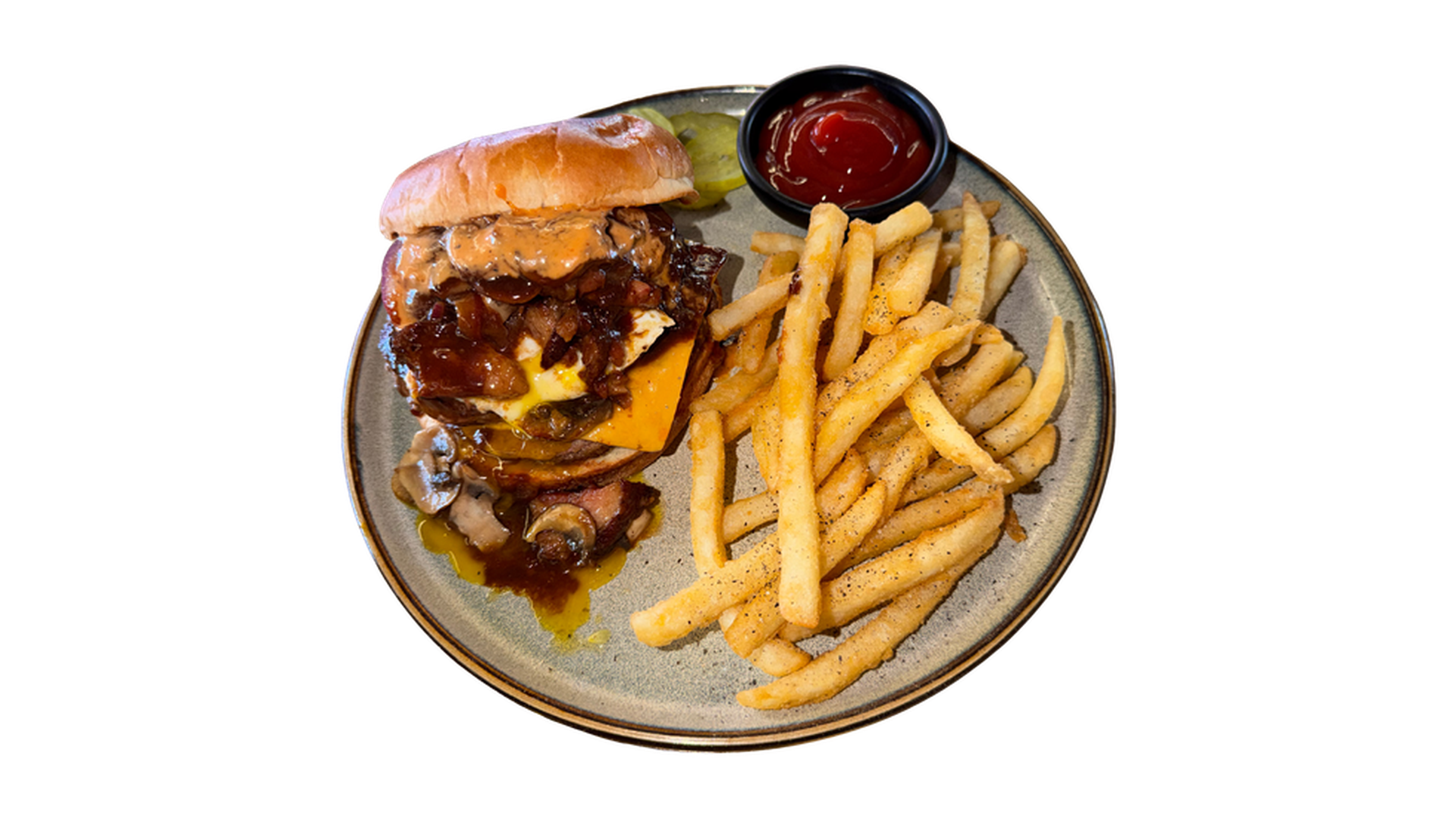 Aden Brisket Hamburger with melted cheese mushrooms bacon and fries