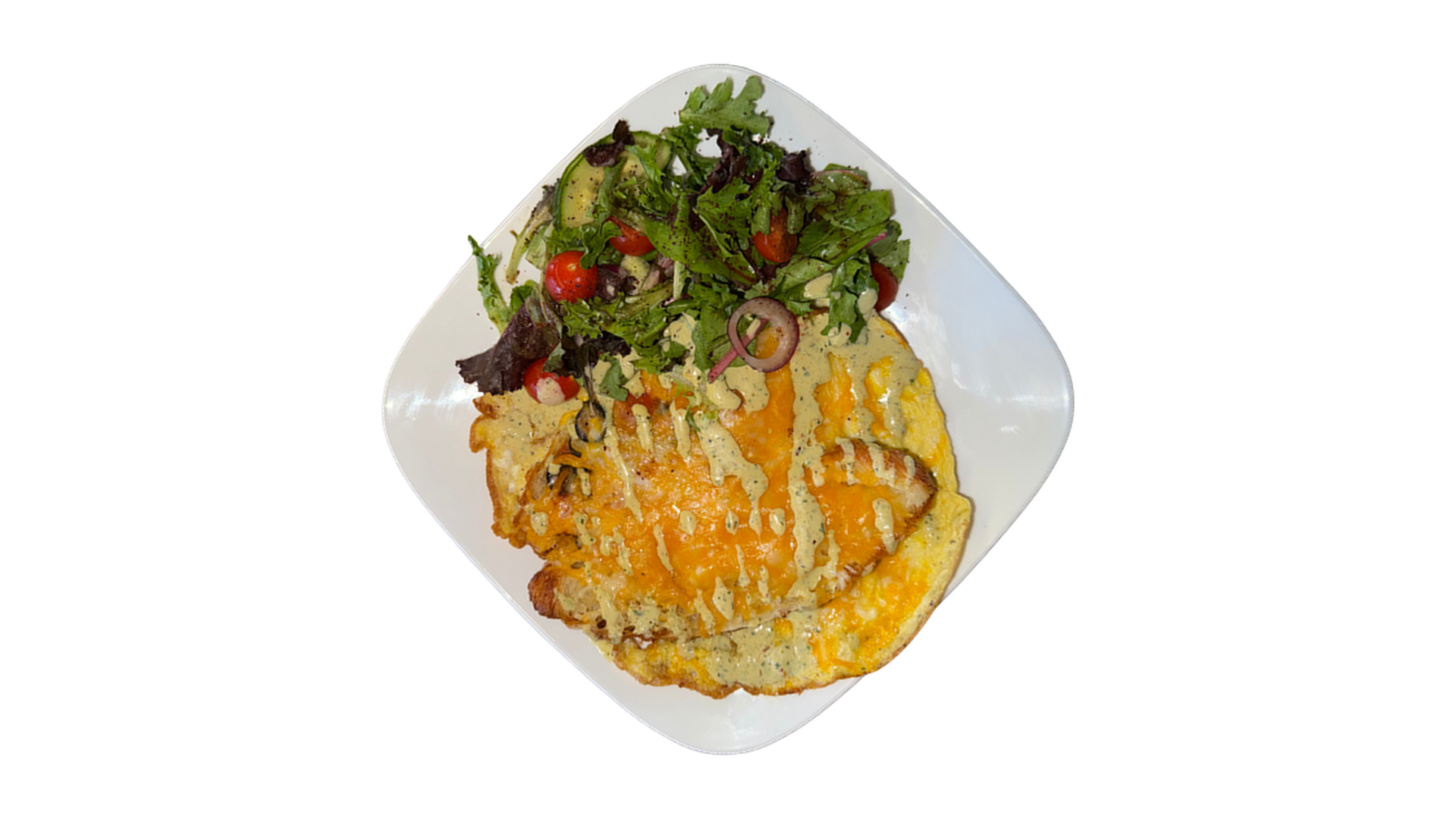 Artisan Morning Roll with melted cheese creamy sauce and fresh mixed greens