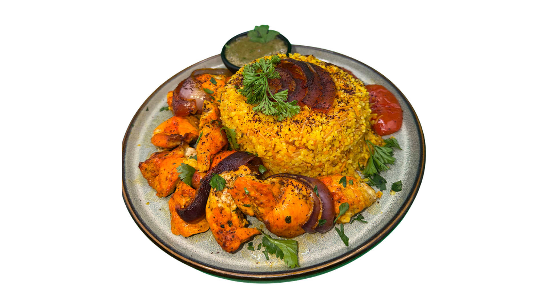 Chicken Smoke Bulgar with seasoned chicken yellow bulgur grilled onions and herbs