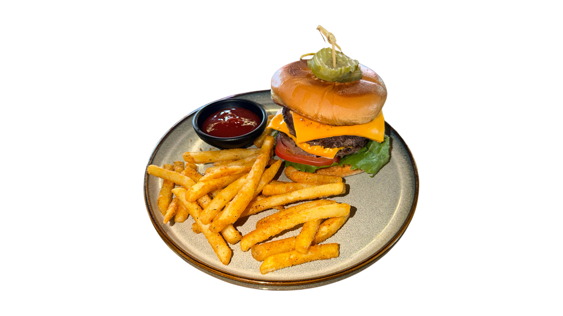 Double Cheeseburger with beef patties melted cheddar lettuce tomato pickles and fries