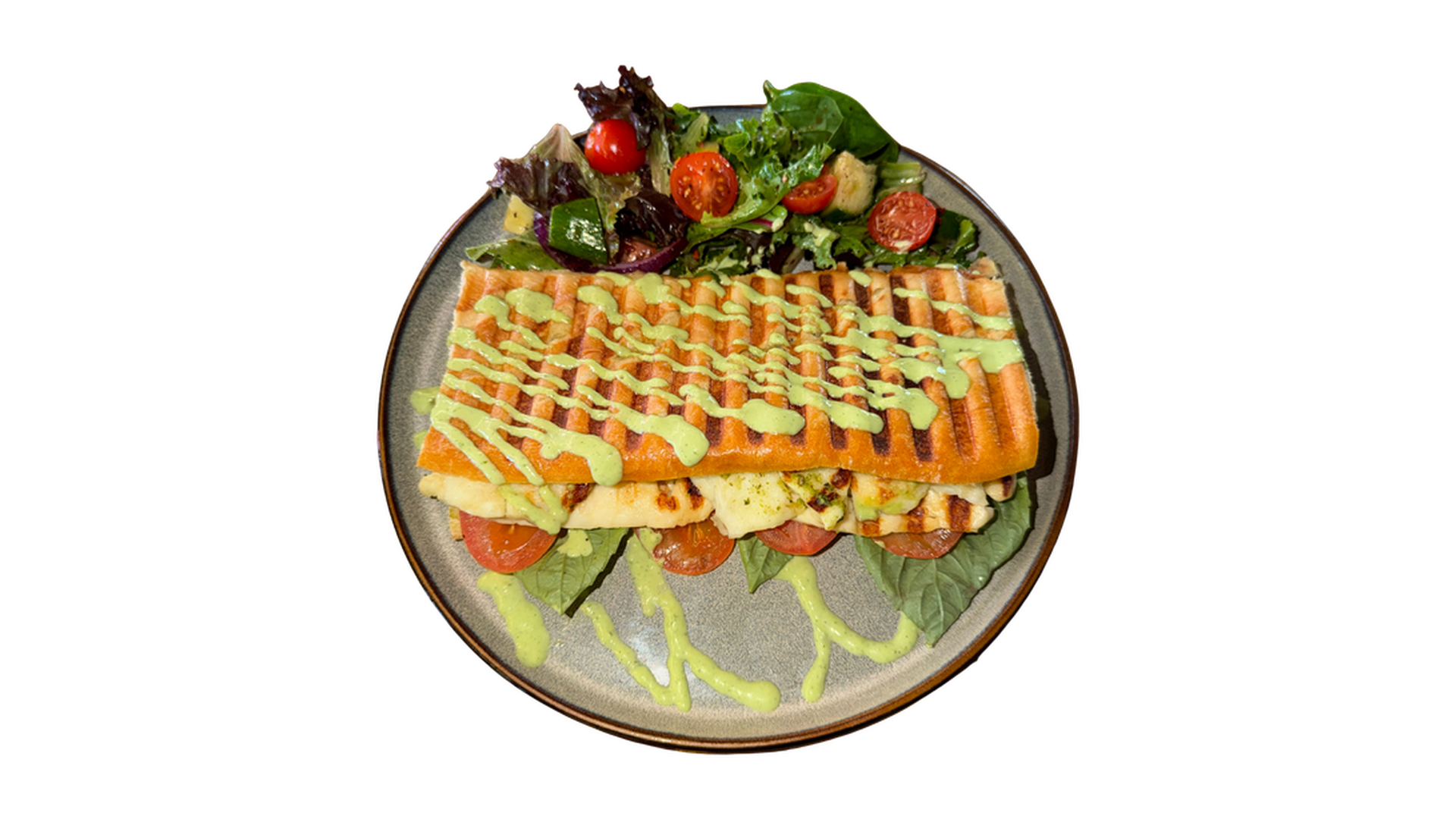 Panini Pesto Press with grilled chicken melted cheese tomatoes greens and pesto sauce