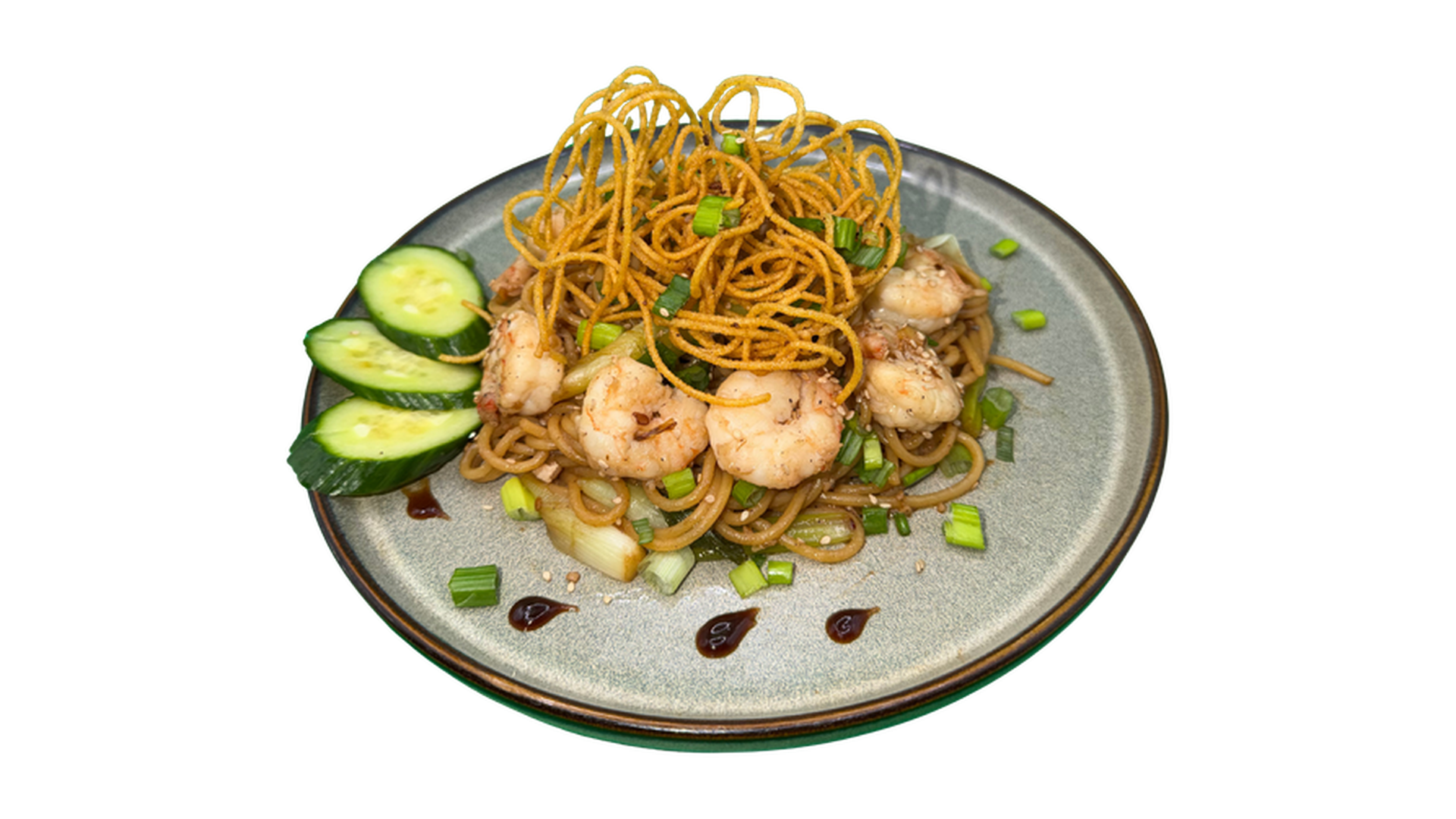 Seafood Asian Style noodles with shrimp crispy noodles cucumber and scallions