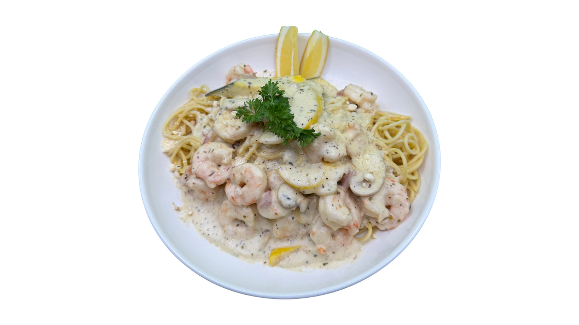 Seafood Pasta with shrimp mushrooms lemon and creamy herb sauce