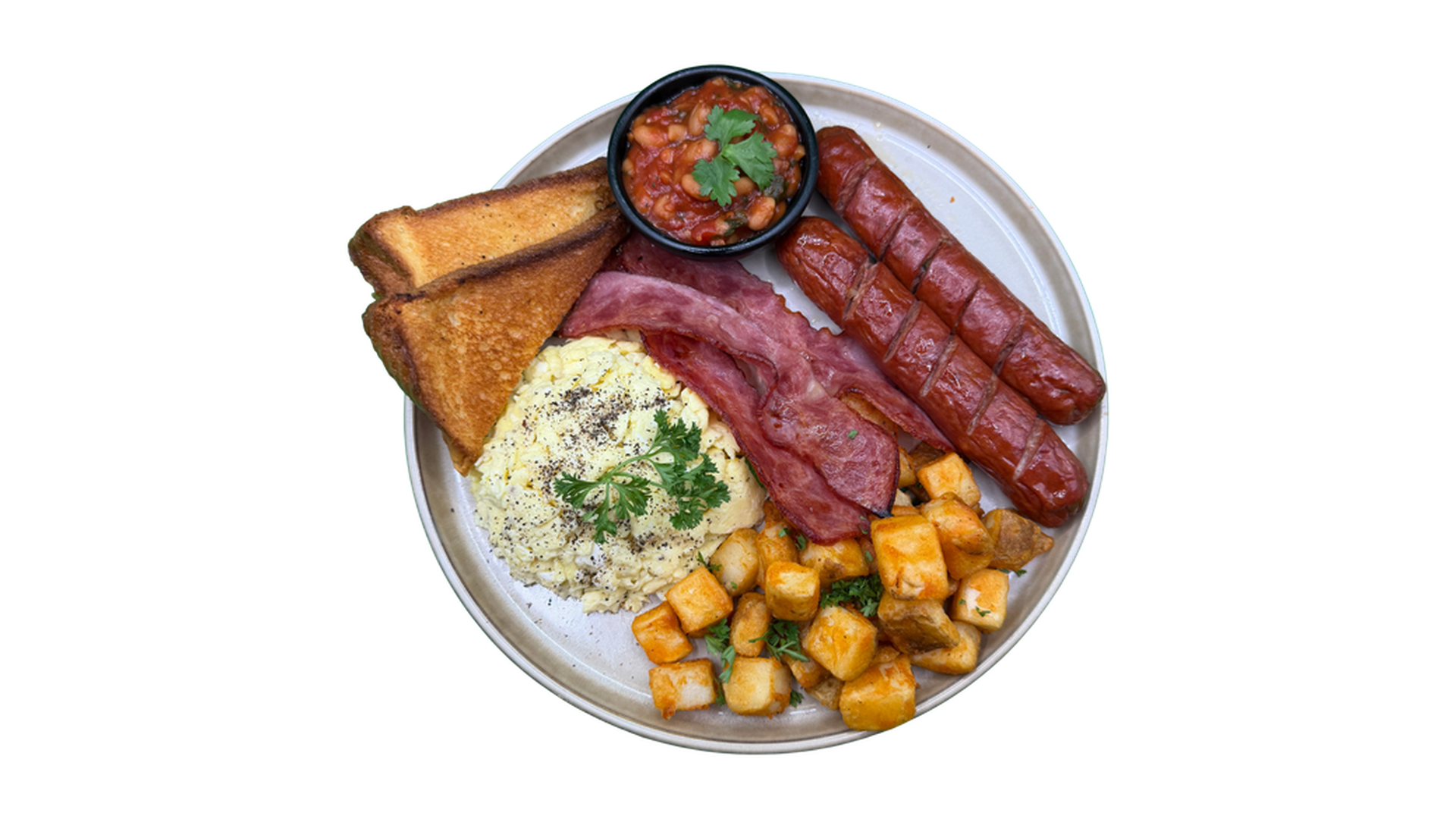 Texas Protein Platter with scrambled eggs bacon sausages potatoes toast and beans