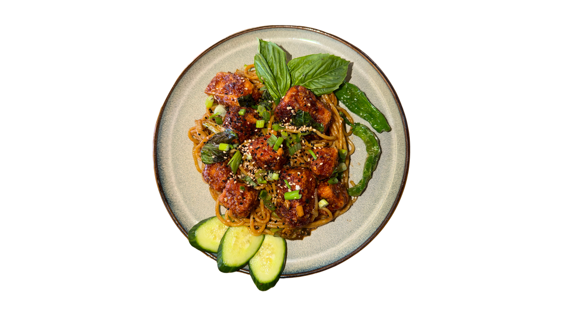 Tofu Asian Vegan noodles with crispy tofu sesame seeds scallions and cucumber
