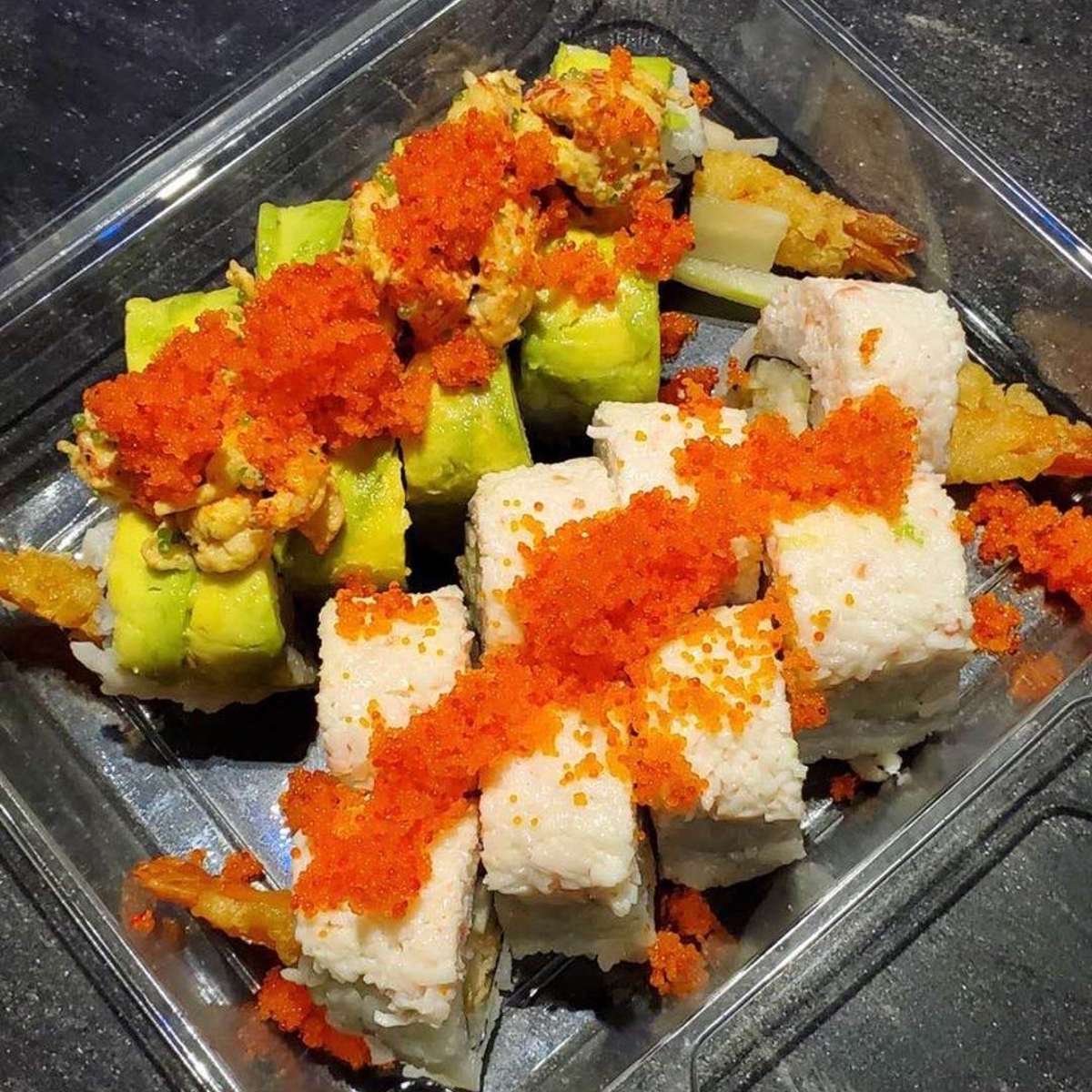 Avocado sushi roll topped with crab roe at Aji Sushi, an Sushi Restaurant in Sacramento