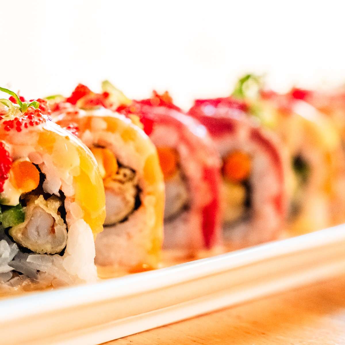 Colorful seafood and veggie sushi roll at Aji Sushi, an Sushi Restaurant in Sacramento