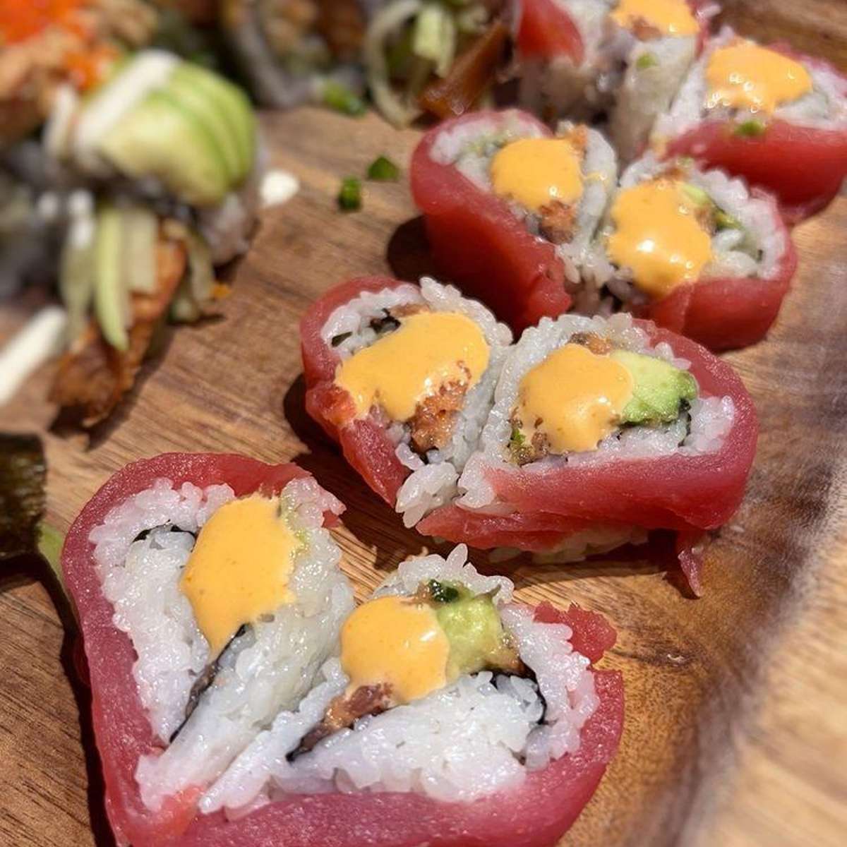 Heart-shaped tuna sushi roll with spicy sauce at Aji Sushi, an Sushi Restaurant in Sacramento