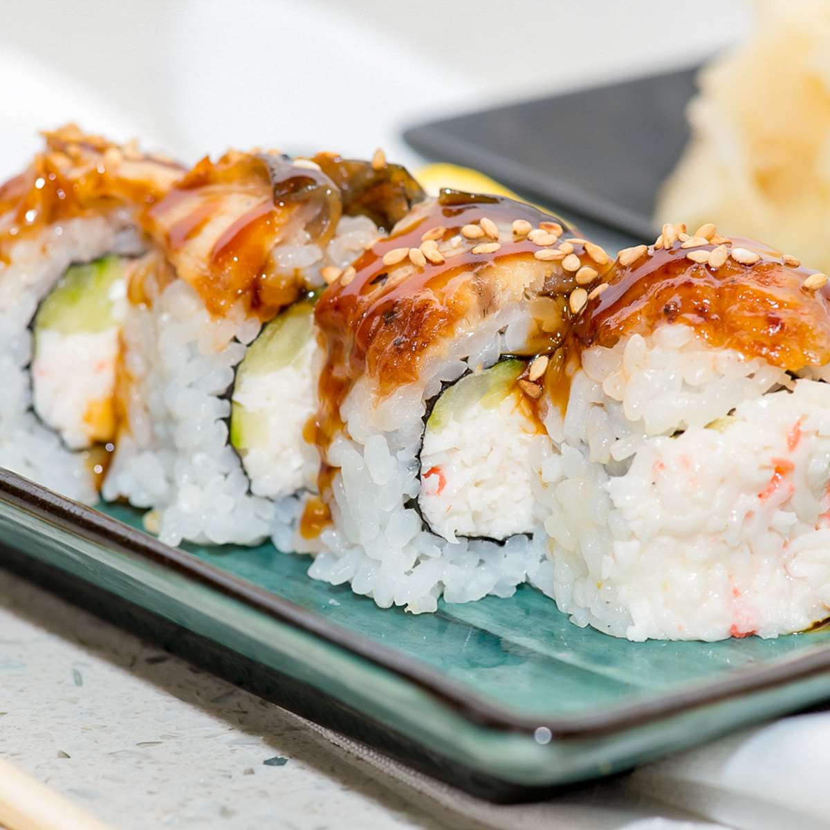 Unagi and crab sushi roll with teriyaki sauce at Aji Sushi, an Sushi Restaurant in Sacramento