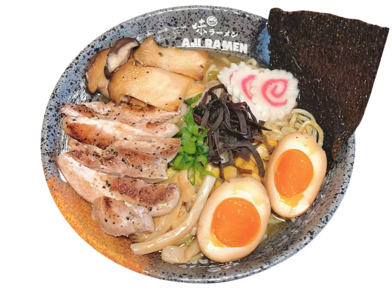 Chicken & Mushroom Ramen with eggs at Aji Ramen, a Ramen Restaurant in Albuquerque