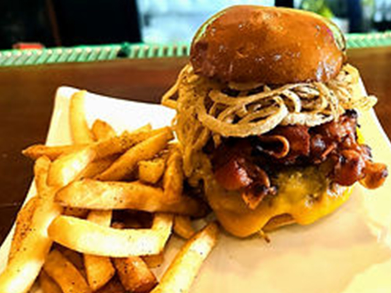 Smoky BBQ bacon burger with fries at AJ Hibachi Steakhouse, an Asian Restaurant in Cheshire