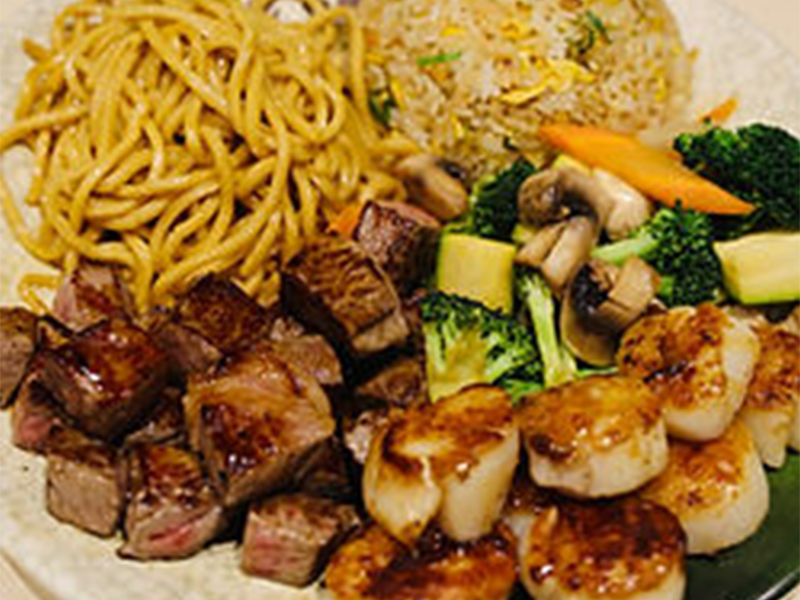 Steak & scallop combo with sides at AJ Hibachi Steakhouse, an Asian Restaurant in Cheshire