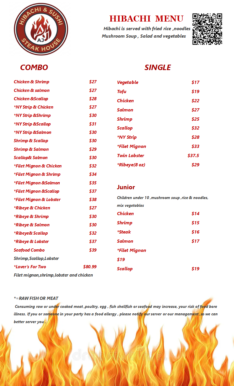 Restaurant Hibachi Menu, detailed description provided below