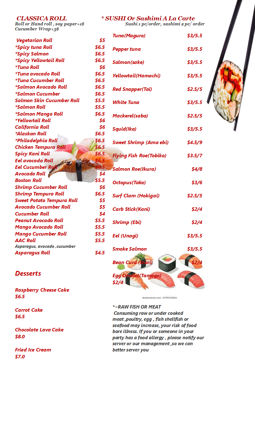 Restaurant Roll or Hand Roll Menu, detailed description provided below