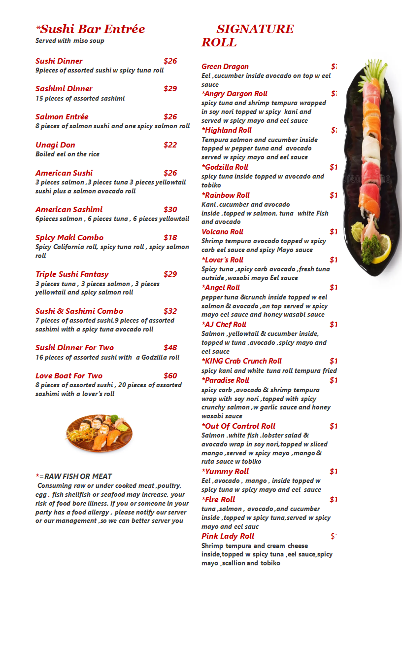 Restaurant Sushi Bar Entree Menu, detailed description provided below
