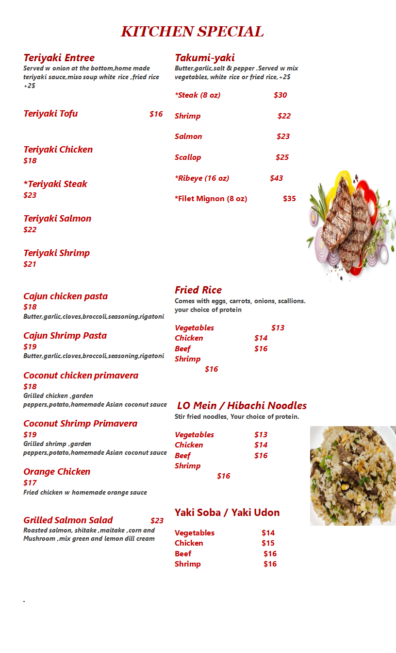 Restaurant Kitchen Special Menu, detailed description provided below