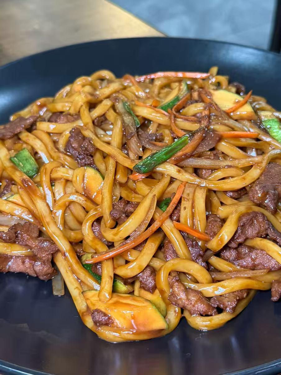 Stir-fried noodles with tender beef and mixed veggies at Akagi, a Japanese restaurant in Rockville