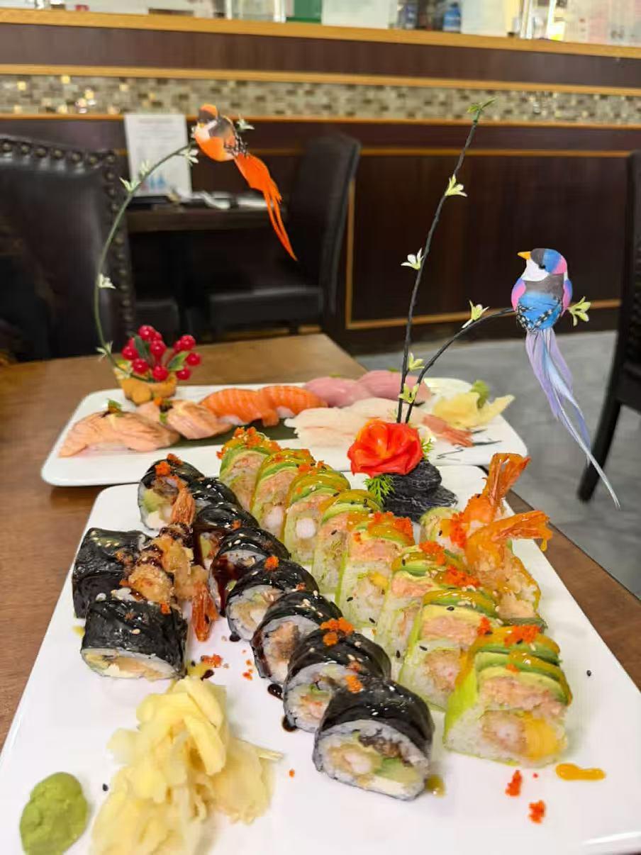 Assorted sushi rolls and sashimi with ginger and wasabi at Akagi, a Japanese restaurant in Rockville