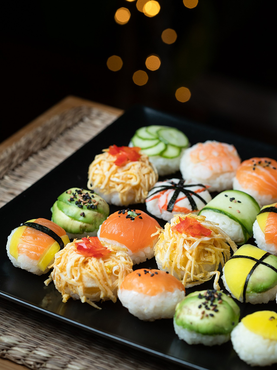 Colorful temari sushi with various seafood toppings