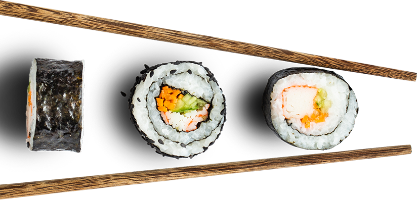 Crab stick sushi rolls with wooden chopsticks on white background