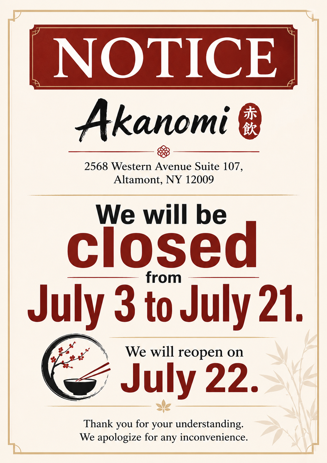 Notice of Special Operating Hours