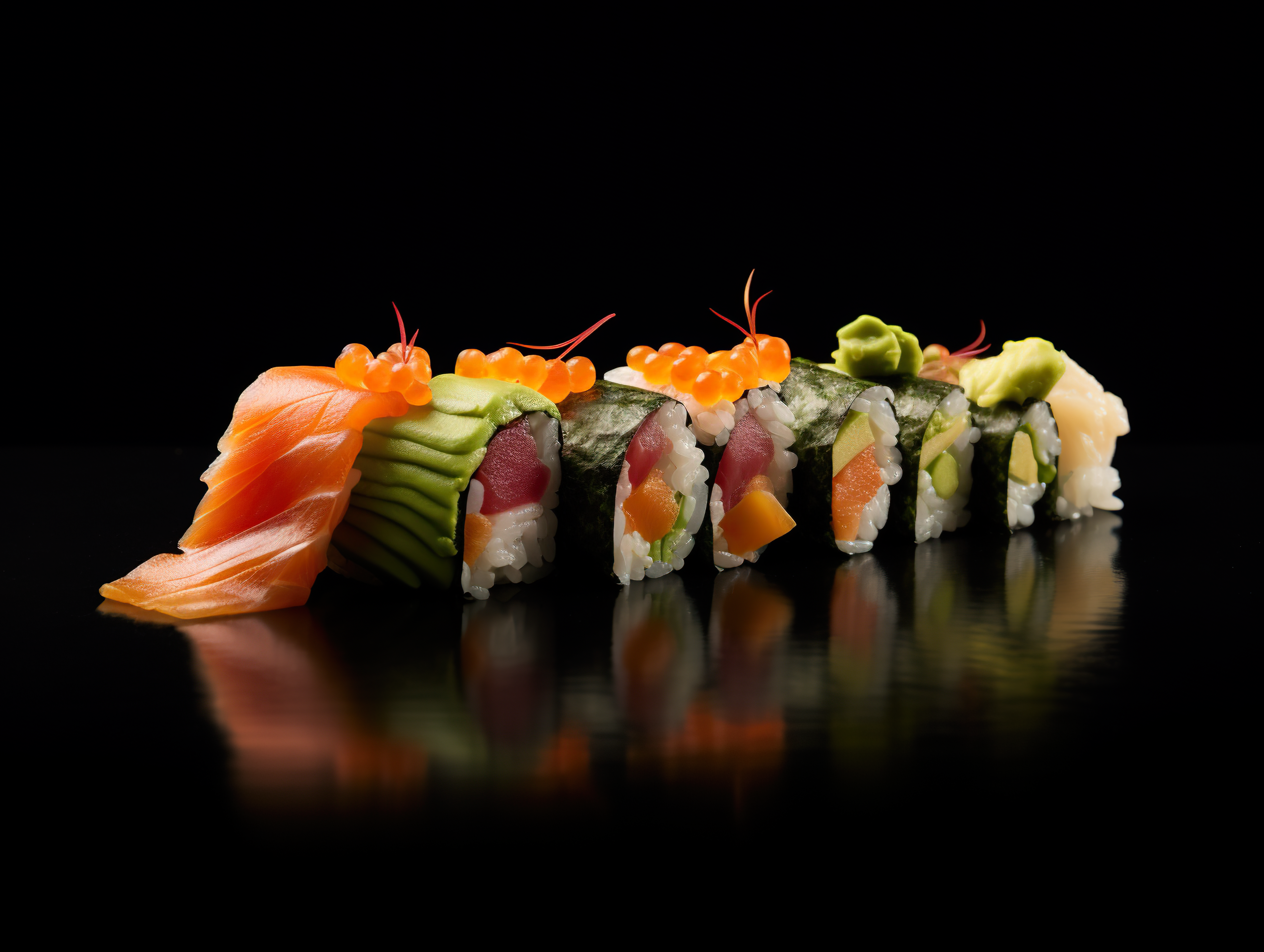 Colorful sushi rolls with salmon, tuna, avocado, and roe at Akiyo, a Japanese Restaurant in Johnson City