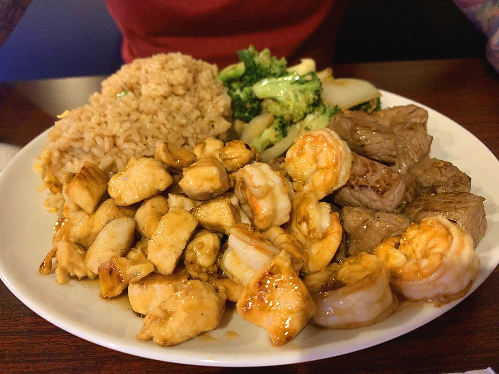 Platter with shrimp, chicken, beef, fried rice and veggies at Ako Sushi & Seafood, a Japanese Restaurant in Titusville