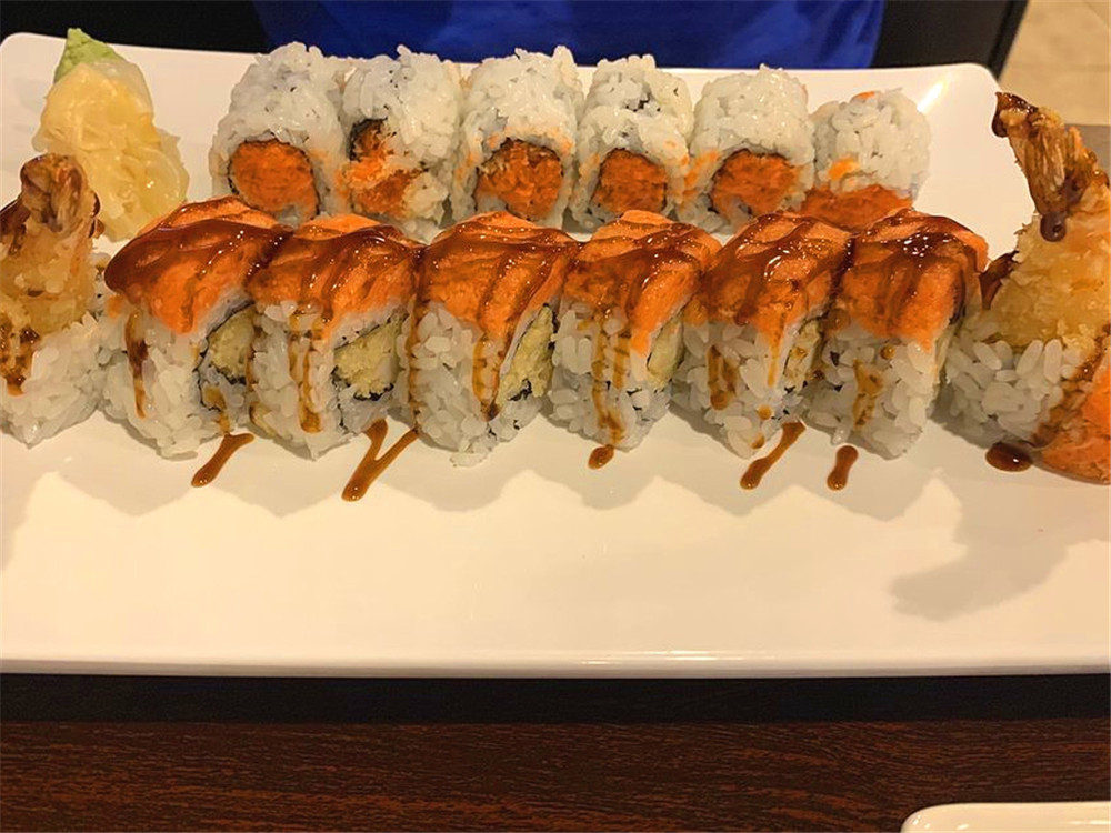 Sushi rolls with spicy salmon, topped with eel sauce at Ako Sushi & Seafood, a Japanese Restaurant in Titusville