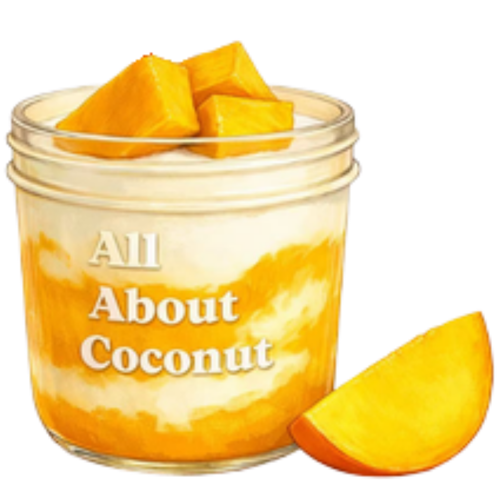 Creamy coconut jar layered with fresh mango chunks at All About Coconut, a Dessert Shop in Ridgewood