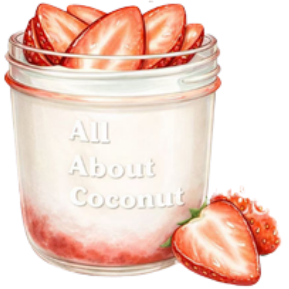 Creamy coconut jar with fresh strawberry toppings at All About Coconut, a Dessert Shop in Ridgewood