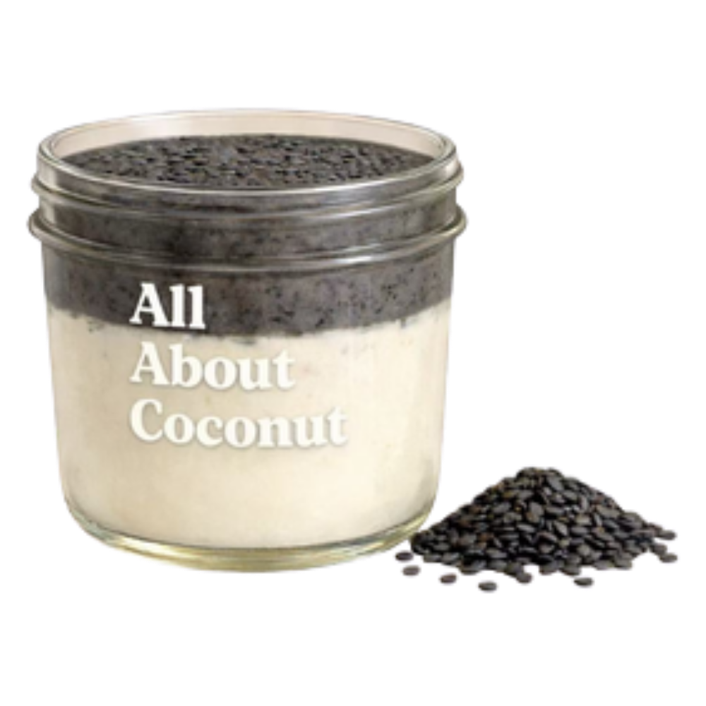 New-Creamy coconut jar with black sesame crust at All About Coconut, a Dessert Shop in Ridgewood