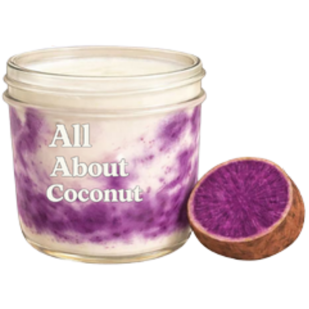 Purple taro yam swirled coconut jar at All About Coconut, a Dessert Shop in Ridgewood