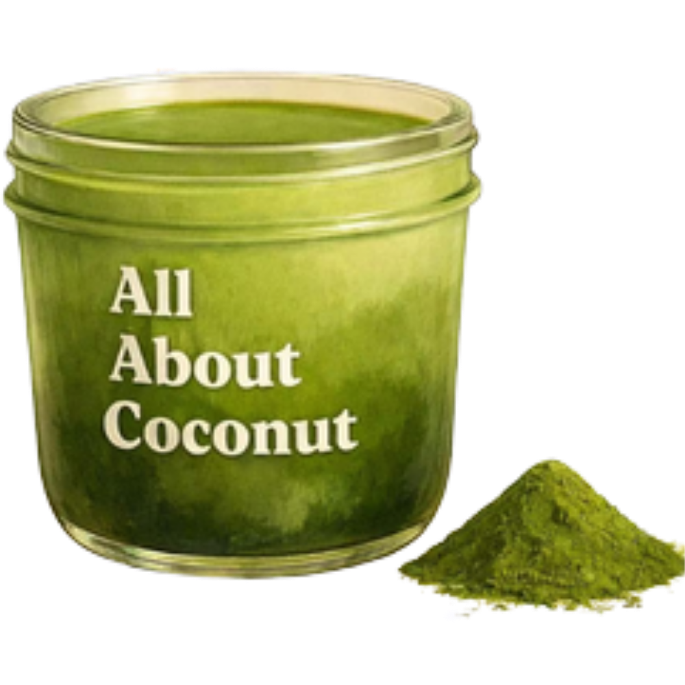 Vibrant green matcha coconut jar dessert at All About Coconut, a Dessert Shop in Ridgewood