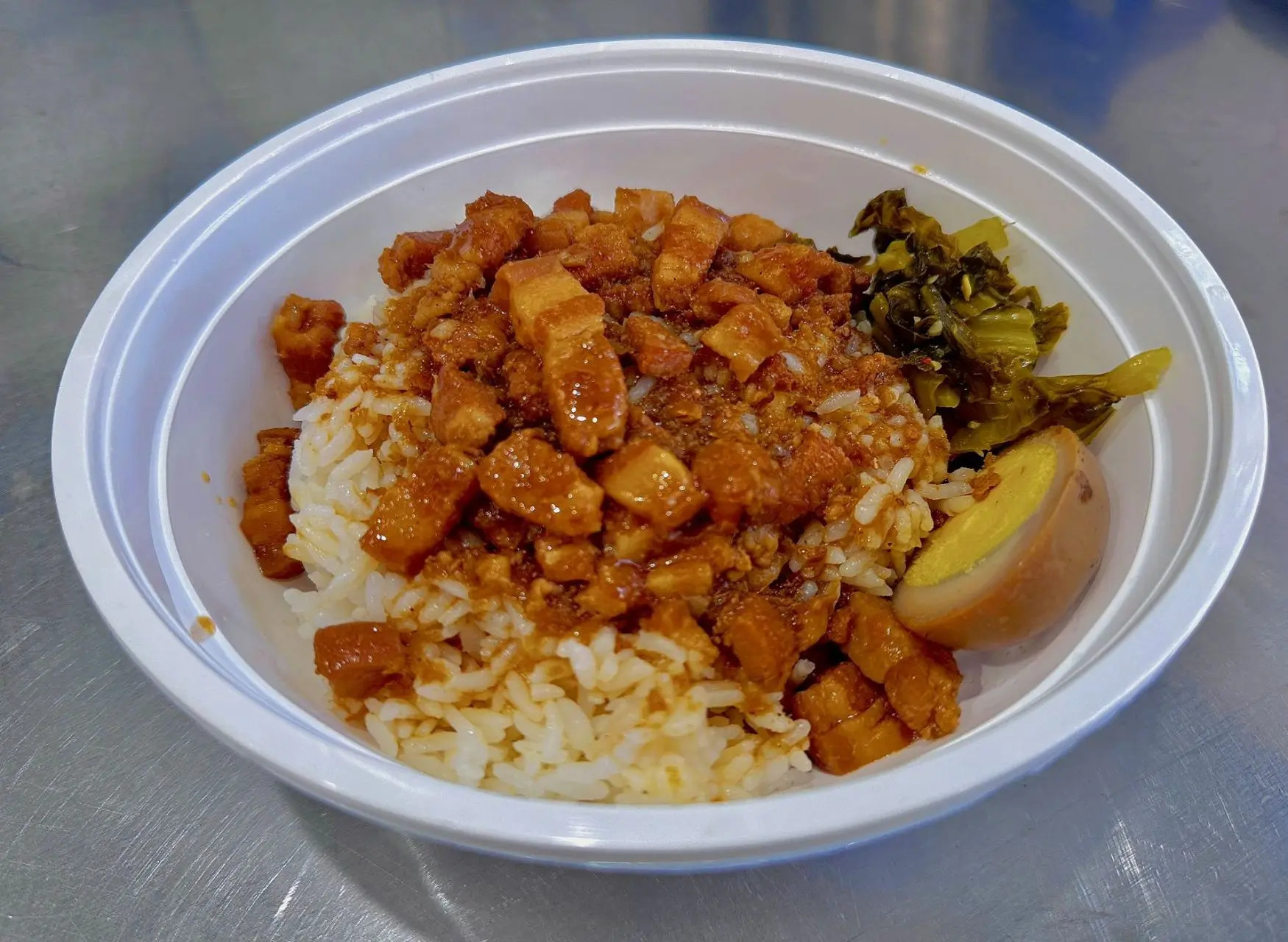 Taiwanese braised pork rice with pickled vegetable and egg at All In 牡丹，a Chinese Taiwanese Restaurant in Rowland Heights