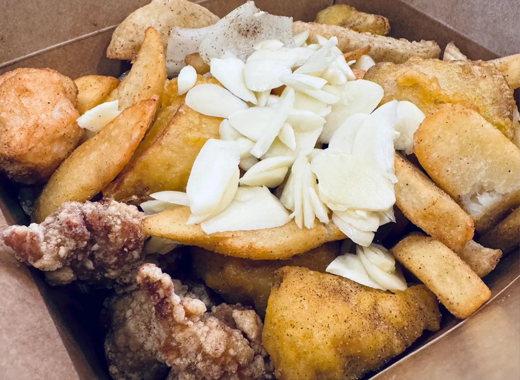 Salted crispy chicken box with fries and almonds at All In 牡丹，a Chinese Taiwanese Restaurant in Rowland Heights