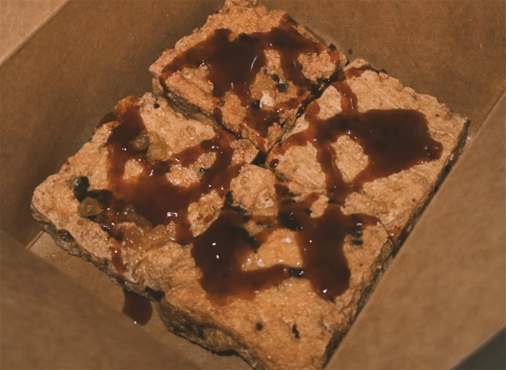 Dessert square with caramel sauce at All In 牡丹，a Chinese Taiwanese Restaurant in Rowland Heights