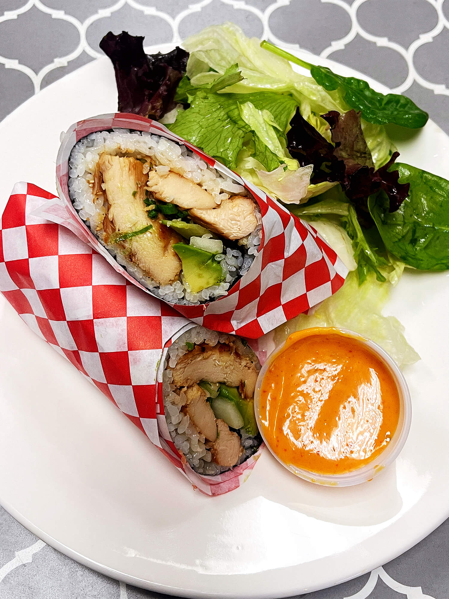 Sushi burrito with chicken, avocado, and vegetables Sushi burrito with chicken, avocado, and vegetables at Aloha Hawaiian BBQ & Sushi, a Asian Fusion restaurant in Baldwin Park